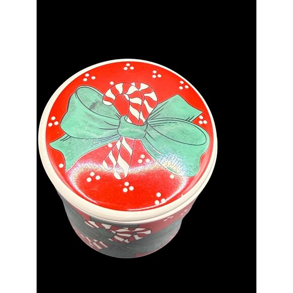 Vtg. Candy Cane Holiday Ceramic Storage Jar With Lid 4.5” - Picture 2 of 5